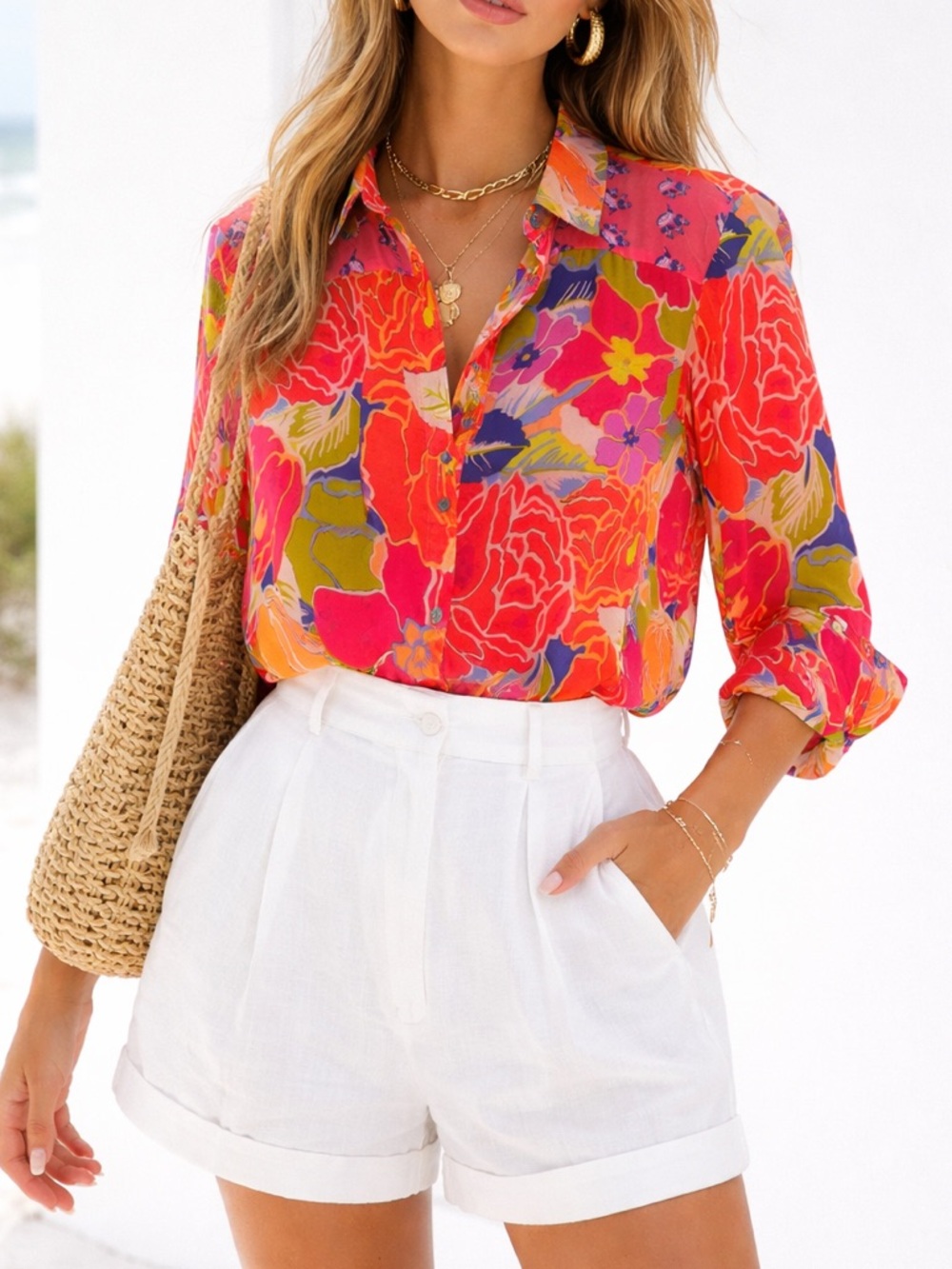 Figueroa & Flower XL Sheer Floral Button Down Blouse Top Boho Chic Bright
